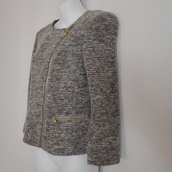 Ann Taylor Tweed Jacket Asymmetrical Zipper 2P Gray Business Office Corporate - Picture 6 of 9